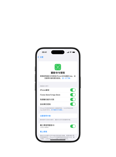 iPhone 屏幕上显示面容 ID 与密码的设置界面。