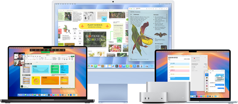以正面展示并成组摆放的 Mac Studio、Mac mini、MacBook Pro、MacBook Air 以及 iMac