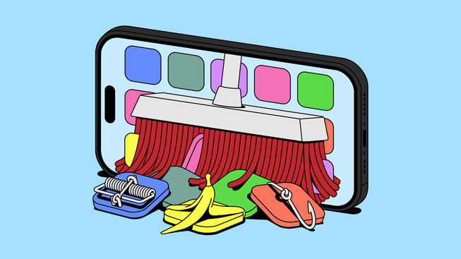 一张 App 审核插画显示一把扫帚正在将问题 app 扫除。
