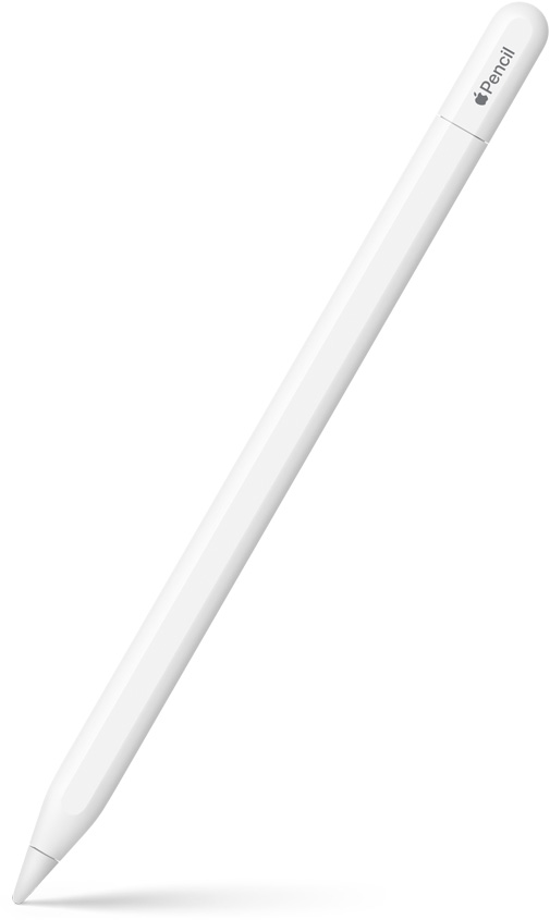 Apple Pencil USB-C，笔尖朝下以一定角度斜立。笔的末端呈弧形，尾部可拔出以便连接 USB-C 充电线，上面还有 Apple 标志和产品名。笔尖下方显示阴影效果。